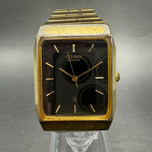 Citizen CQ Tank Watch Men 26mm Black Dial Gold Tone Rectangle 4031-T11639 PARTS0