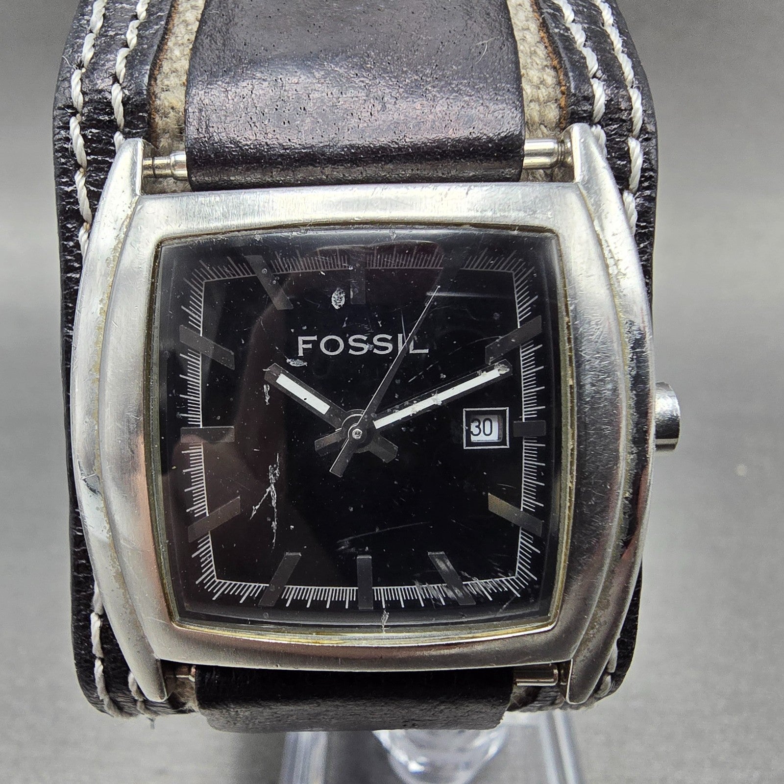 Fossil Watch Women 33mm Black Dial Silver Tone Date Rectangle JR-9777 NewBattery0