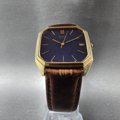 Seiko Watch Men 29mm Blue Dial Gold Tone Date Octagon 5932-5019 New Battery VTG5