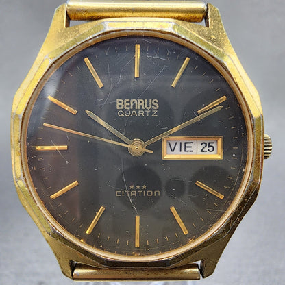 Benrus Watch Men 32mm Black Dial Gold Tone Daydate Round New Battery Vintage1