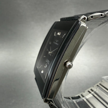 Technos Tank Watch Men 28mm Black Dial Ceramic Steel Date Rectangle New BatteryA2