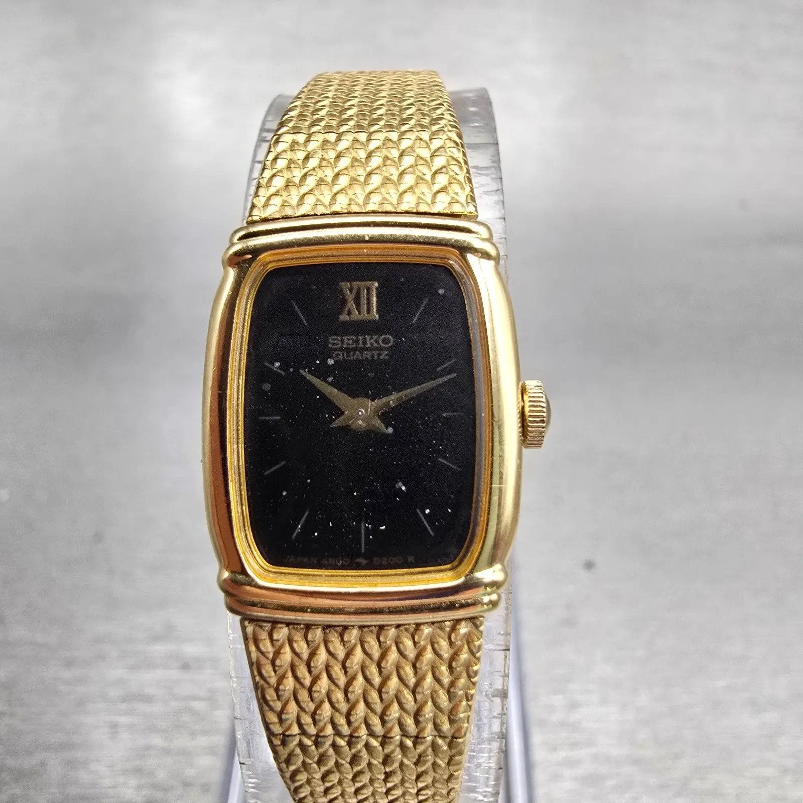 Seiko Watch Women 15mm Black Dial Gold Tone Rectangle 4N00-5060 New Battery VTG0