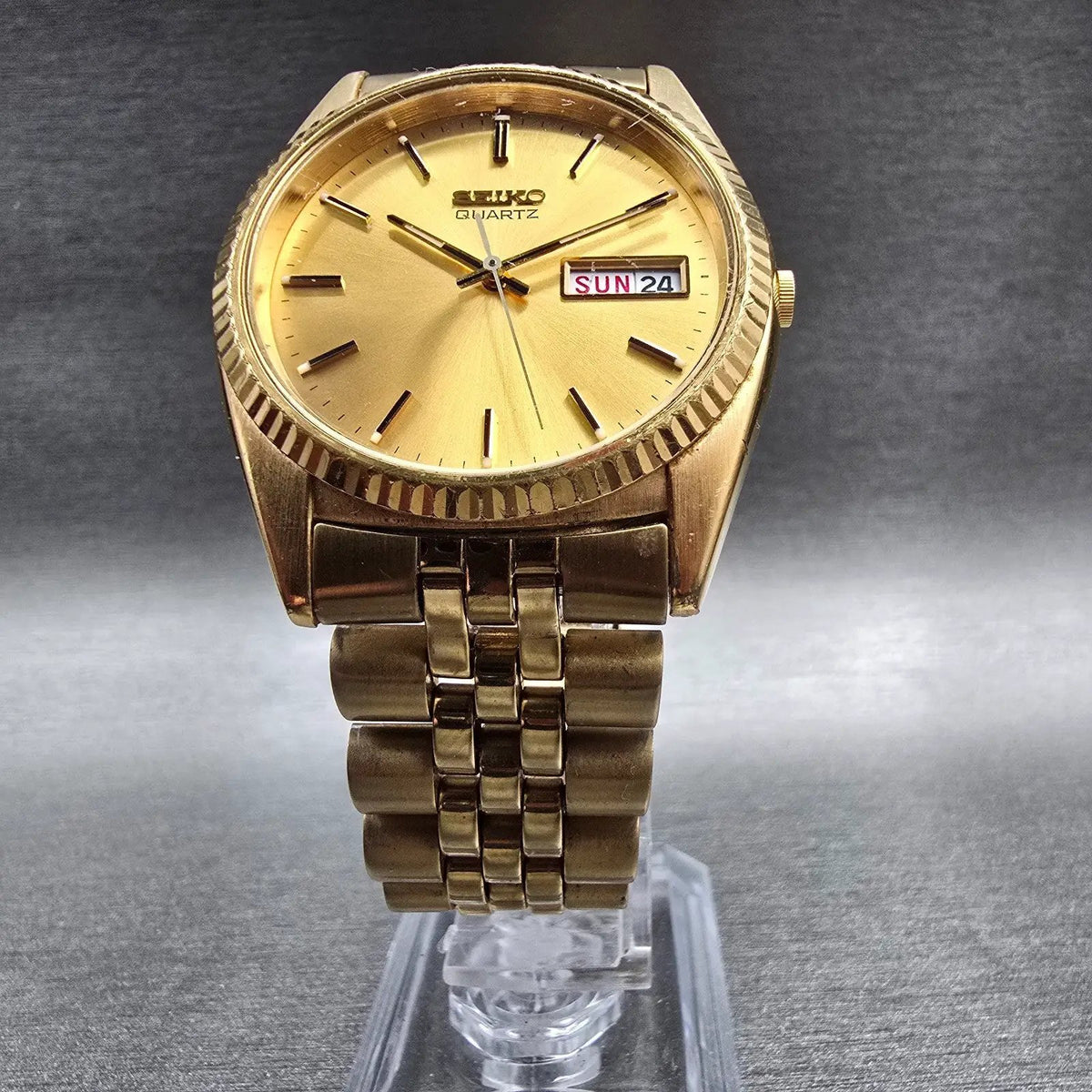 Seiko President Watch Men 35mm Gold Dial Gold  Daydate 7N43-8111 New Battery JP25
