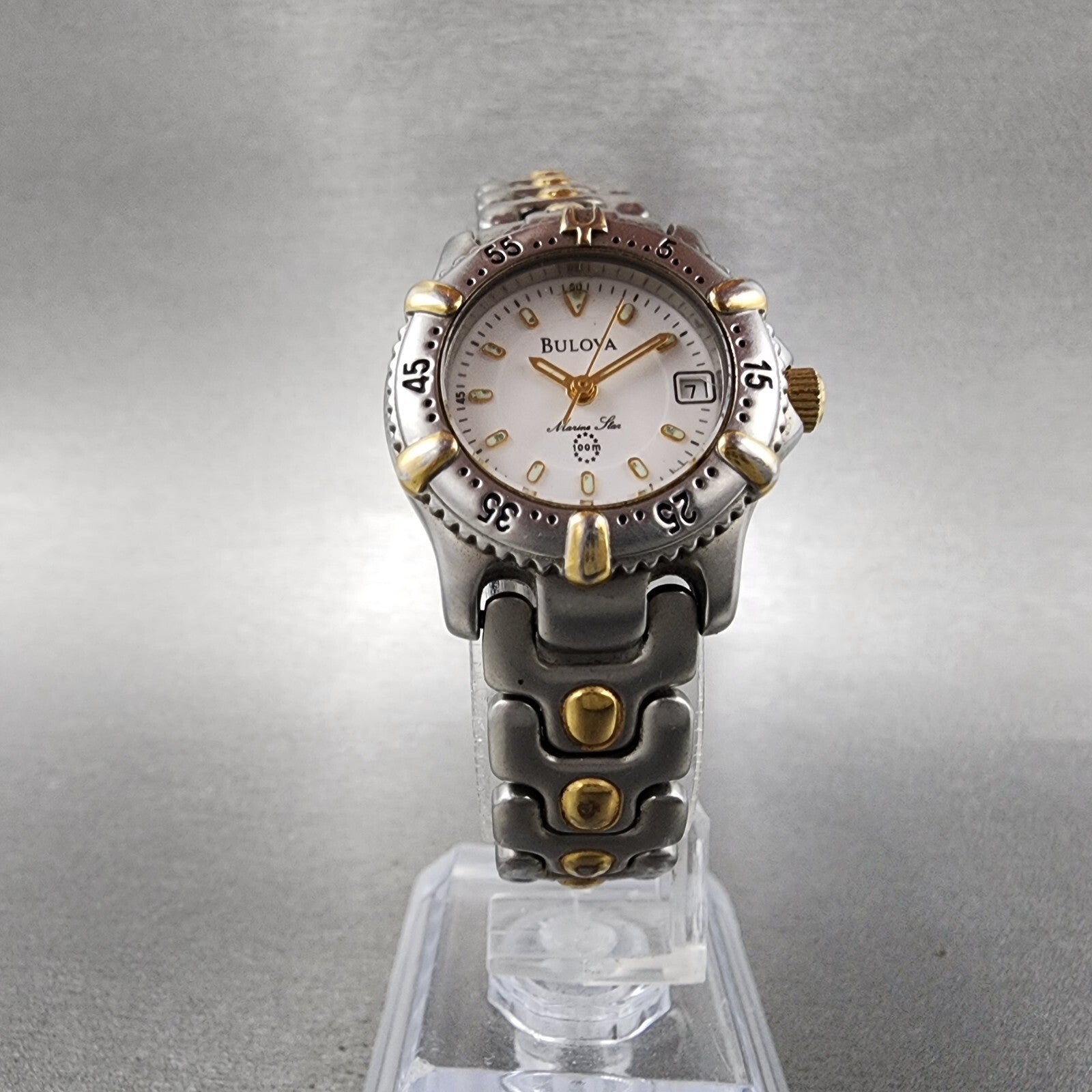 Bulova Marine Star Watch Women 25mm White Dial Two Tone Date TF705L New Battery5