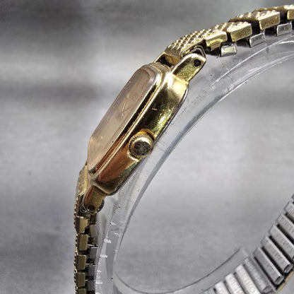 Seiko Watch Women 17mm Gold Dial Gold Tone Rectangle 2Y00-5B49 New Battery VTG F2