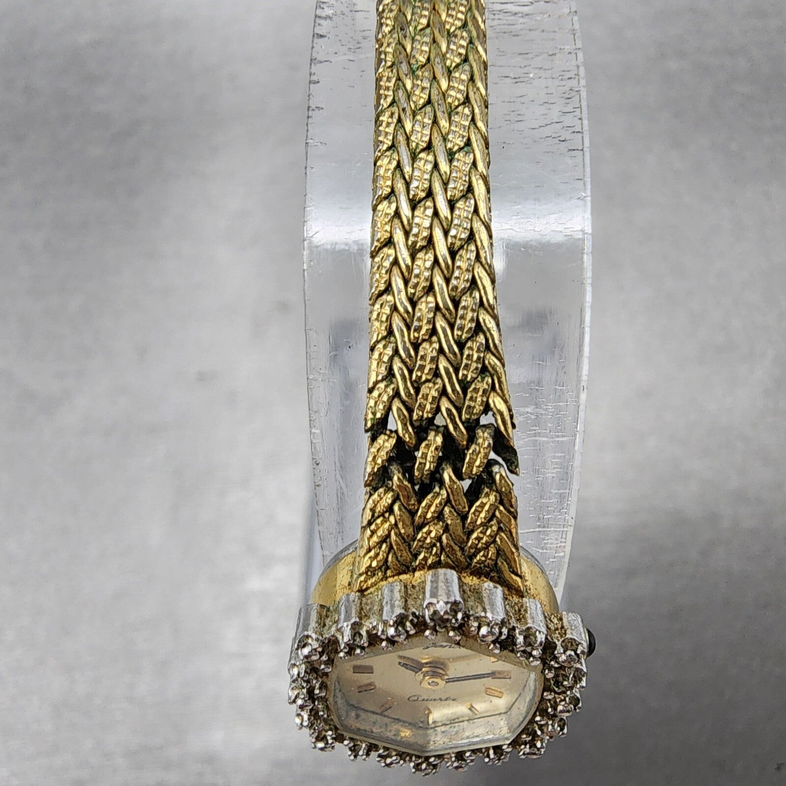 Jules Jurgenson Watch Women 15mm Gold Dial Gold Tone Hexagon Gem Set Bezel Runs4