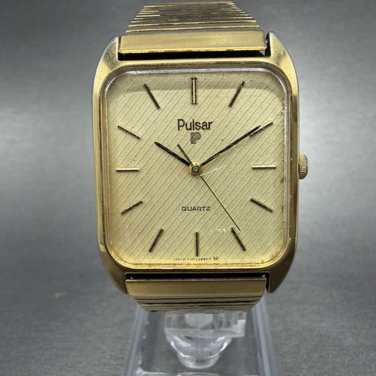 Seiko Pulsar Tank Watch Men 27mm Champagne Dial Gold Tone Y101-5329b New Batt HQ0