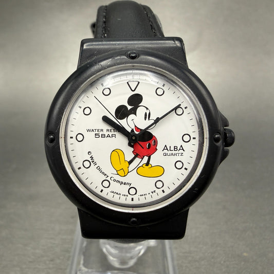 Seiko ALBA Mickey Watch Women 32mm White Dial Black Tone Round V515-6210 New Bat0