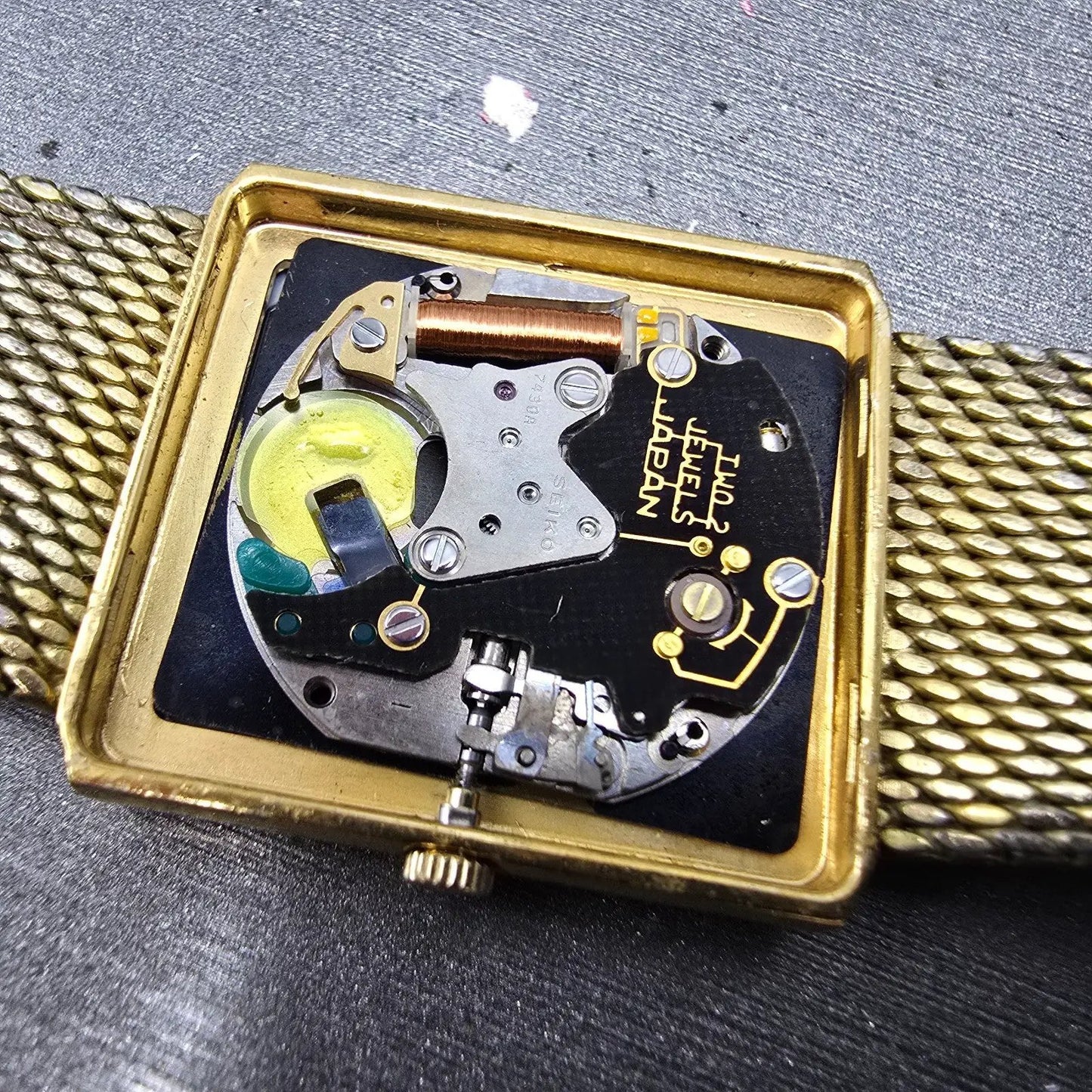 Seiko Tank Watch Men 26mm Black Dial Gold Tone Rectangle 7430-5160 PARTS11