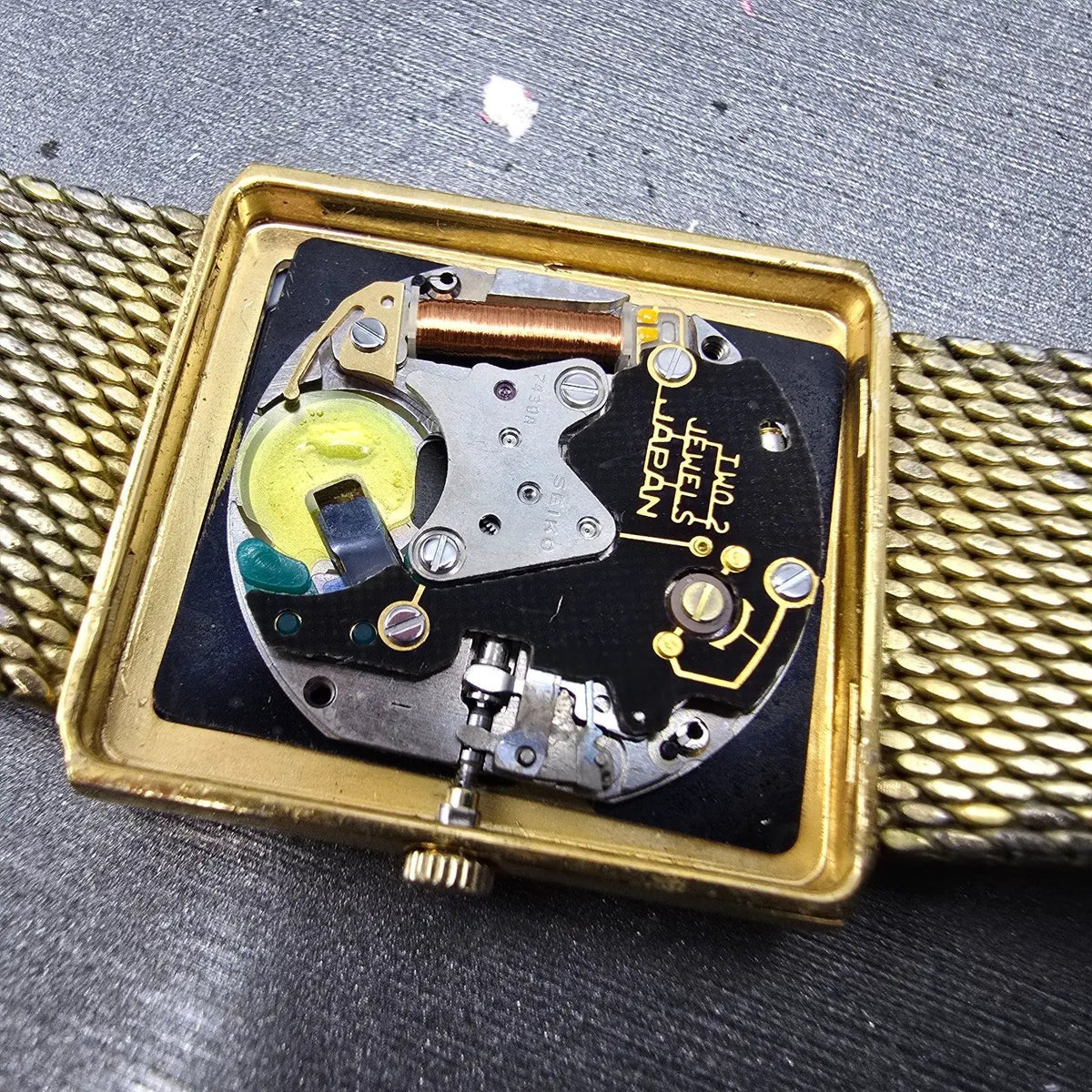 Seiko Tank Watch Men 26mm Black Dial Gold Tone Rectangle 7430-5160 PARTS11