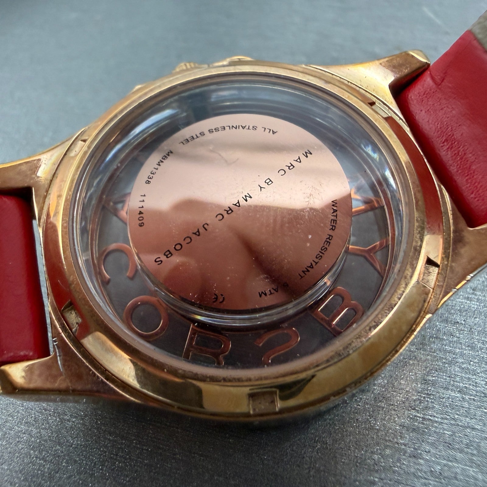 Marc Jacobs Henry Skeleton watch Women 35mm Red Dial Rose Gold Tone New Battery9