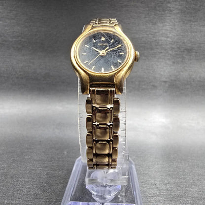 Seiko Watch Women 19mm Black Dial Gold Tone Round V401-0289 New Battery Vintage25