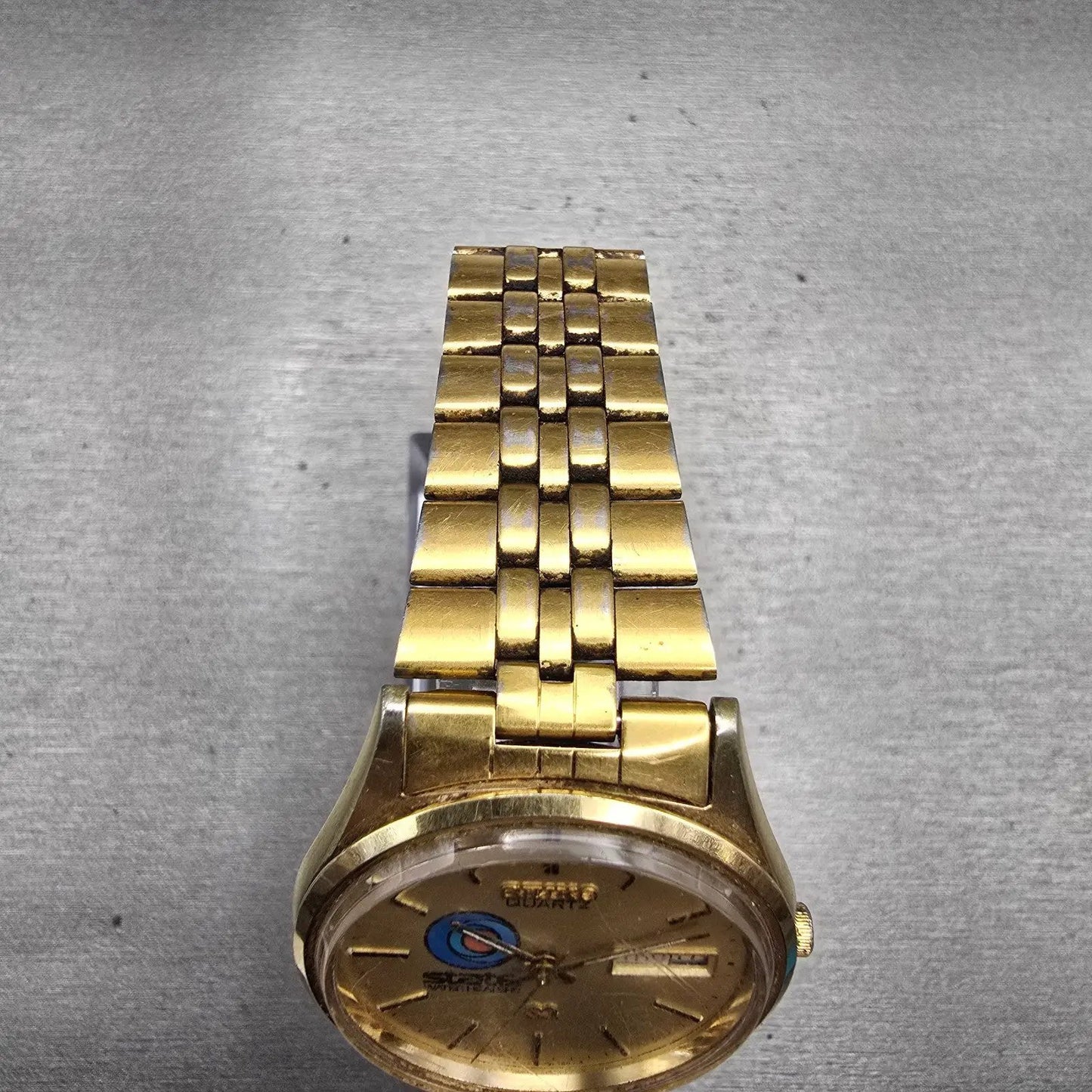 Seiko SQ Watch Men 34mm Gold Dial Gold Tone Daydate Round 5H23-7009 New Battery4