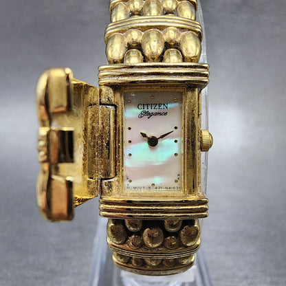 Citizen Elegance Tank Watch Women 14mm MOP Dial Gold Tone Flip Cover New Battery0