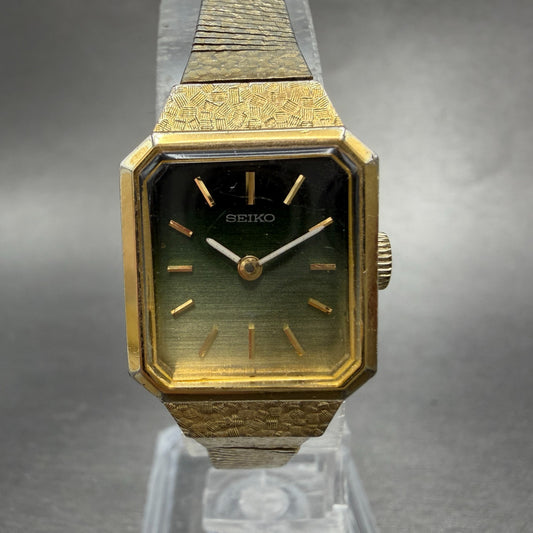 Seiko Tank Watch Women 18mm Green Dial Gold Tone Manual Rectangle 11-3990 Runs 10
