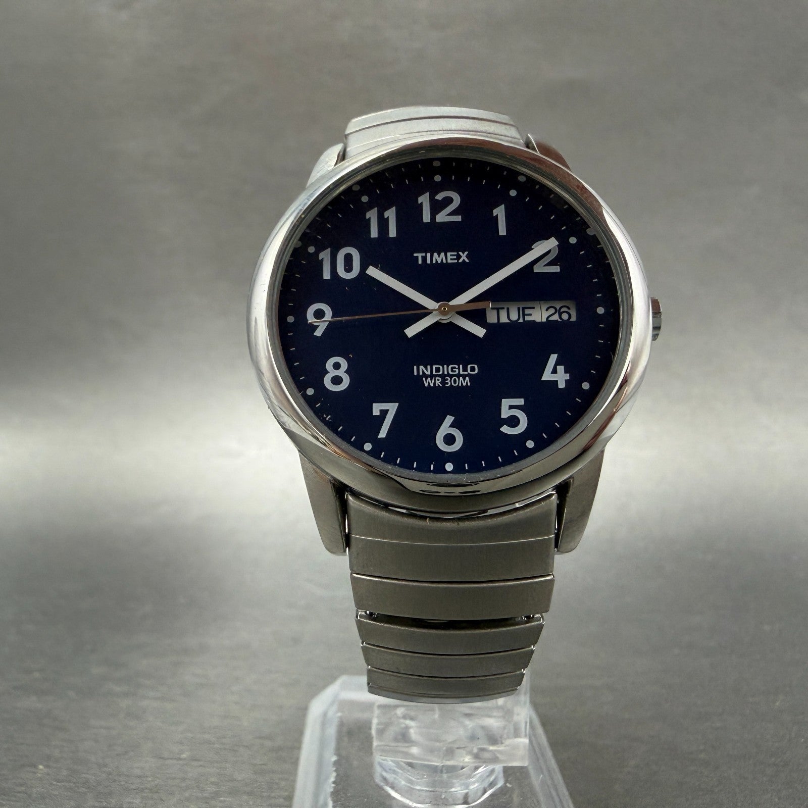 Timex Easy Reader Watch Men 35mm Blue Dial Silver Tone Round Daydate New Battery5