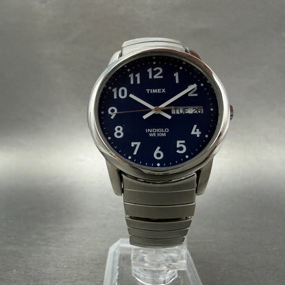 Timex Easy Reader Watch Men 35mm Blue Dial Silver Tone Round Daydate New Battery5