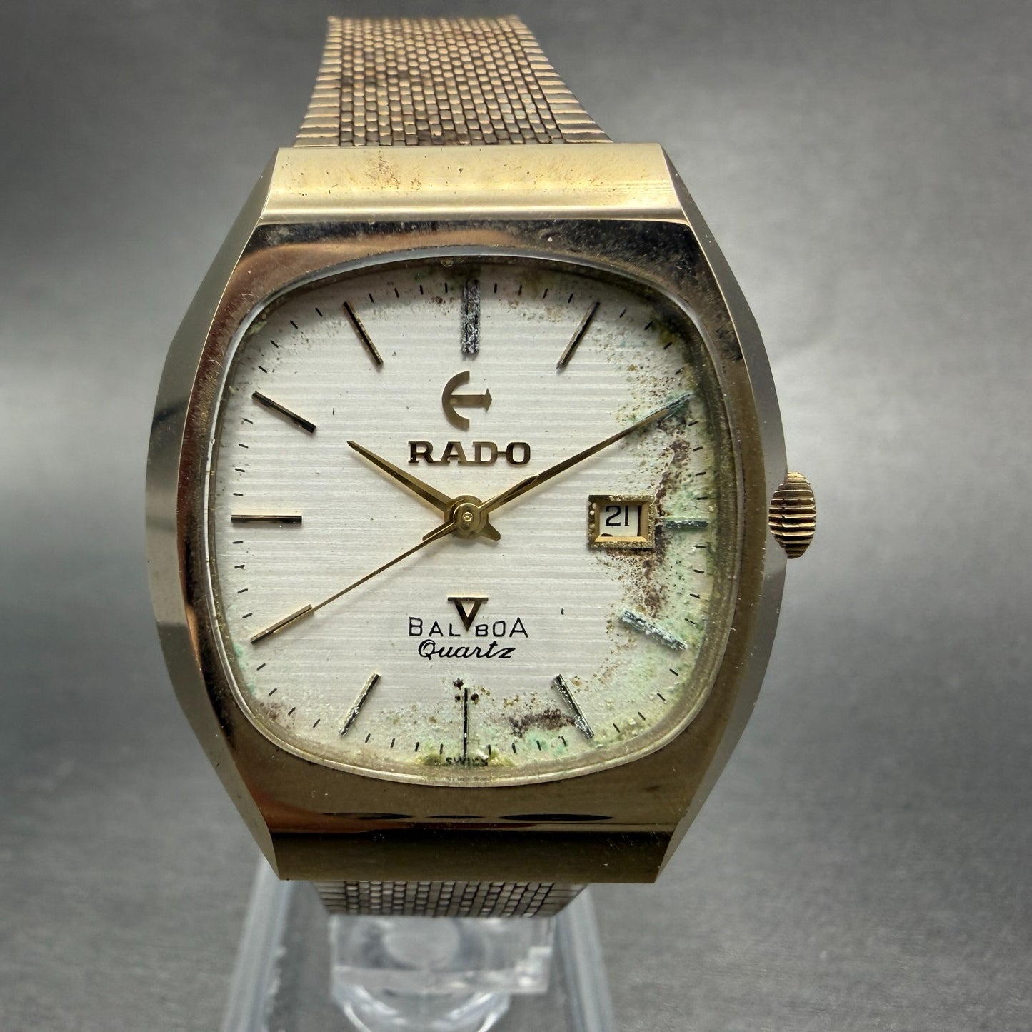 Rado Balboa V Watch Men 32mm Silver Dial Gold Tone Date Rectangle New Battery0