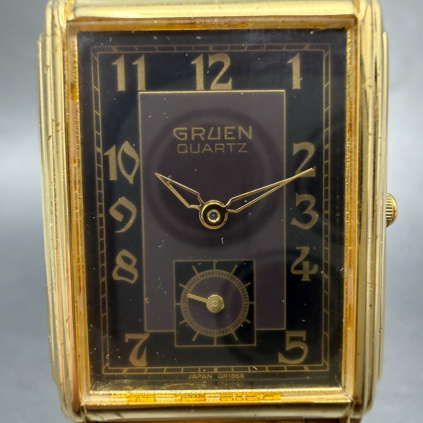 Gruen Tank Watch Men 26mm Black Dial Gold Tone Rectangle 227-V253 New battery1