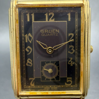 Gruen Tank Watch Men 26mm Black Dial Gold Tone Rectangle 227-V253 New battery1