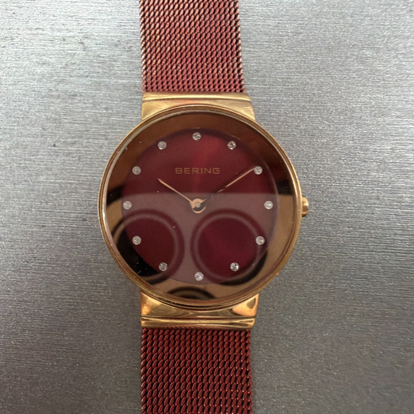 Bering Watch Women 25mm Red Dial Rose Gold Tone Round READ!!! New Batt 10126-3630