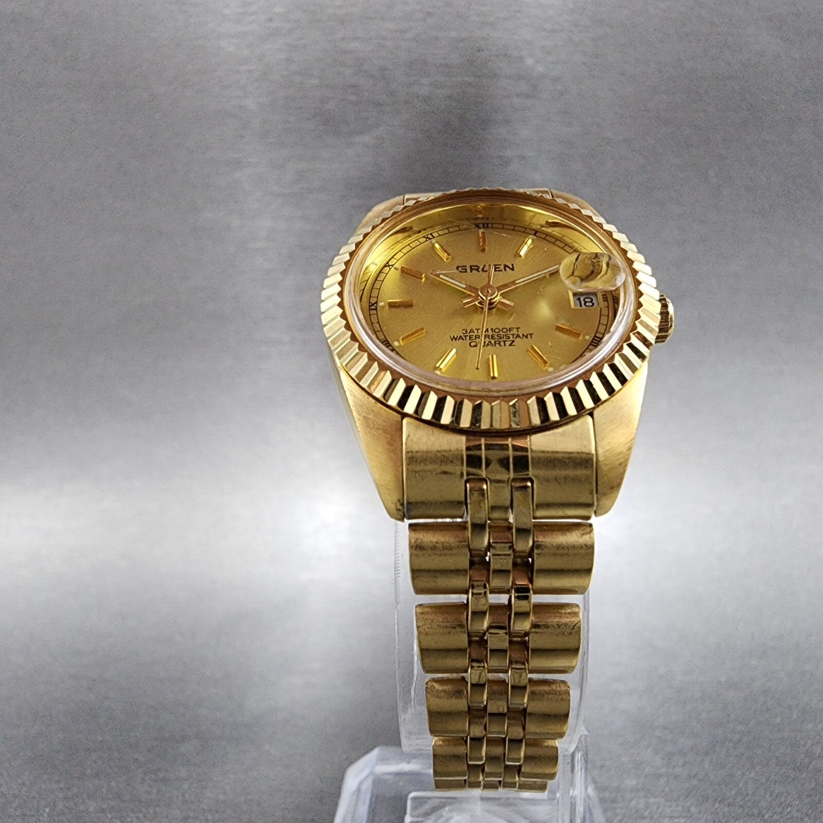 Gruen President Watch Women 26mm Gold Dial Gold Tone Date Round New Battery4