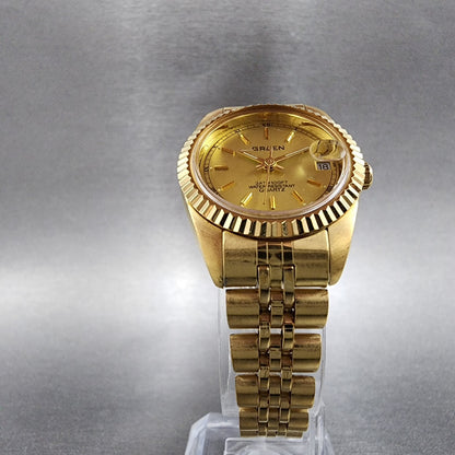 Gruen President Watch Women 26mm Gold Dial Gold Tone Date Round New Battery4