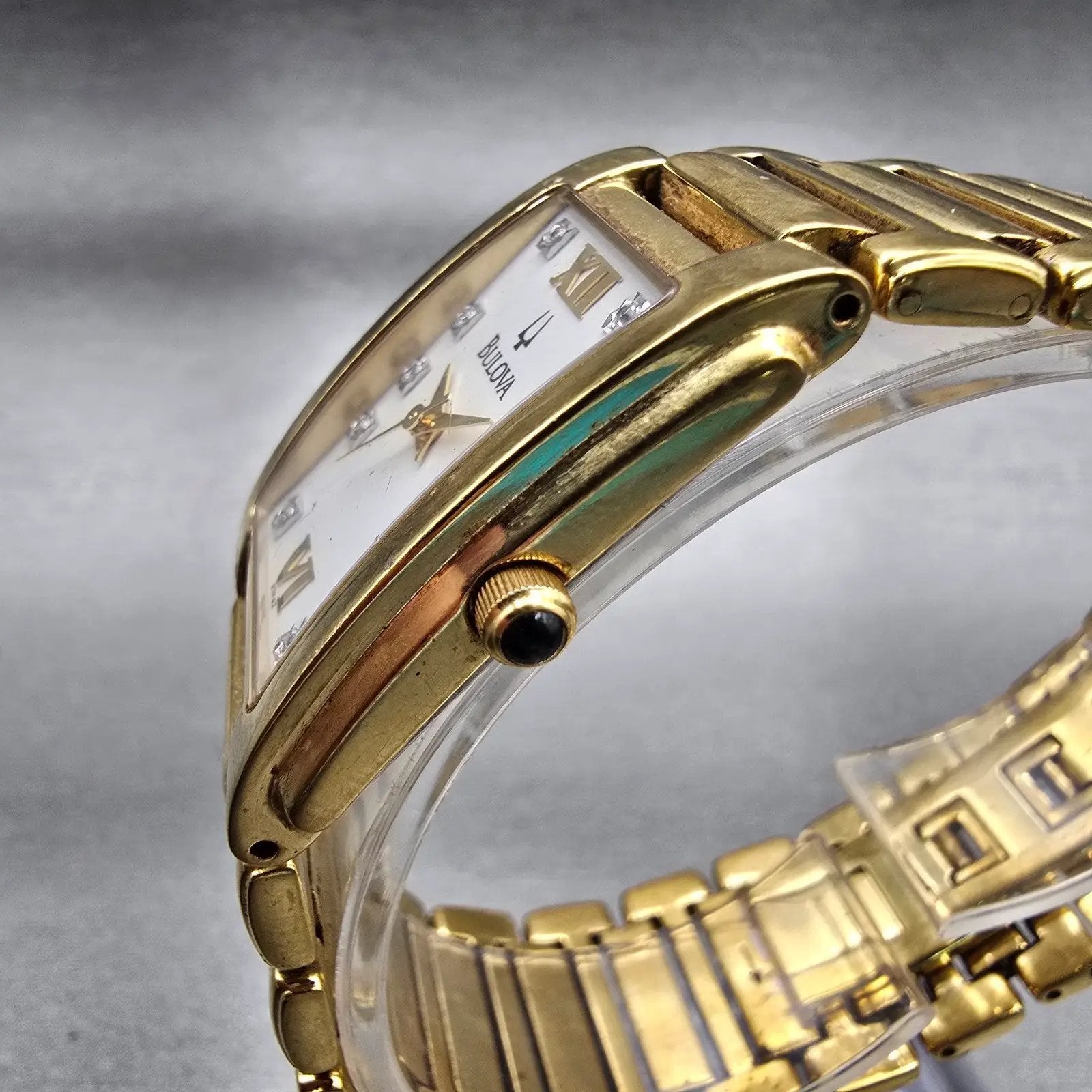 Bulova Watch Men 25mm White Dial Gold Tone Gemmed Rectangle 97F42 New Battery2