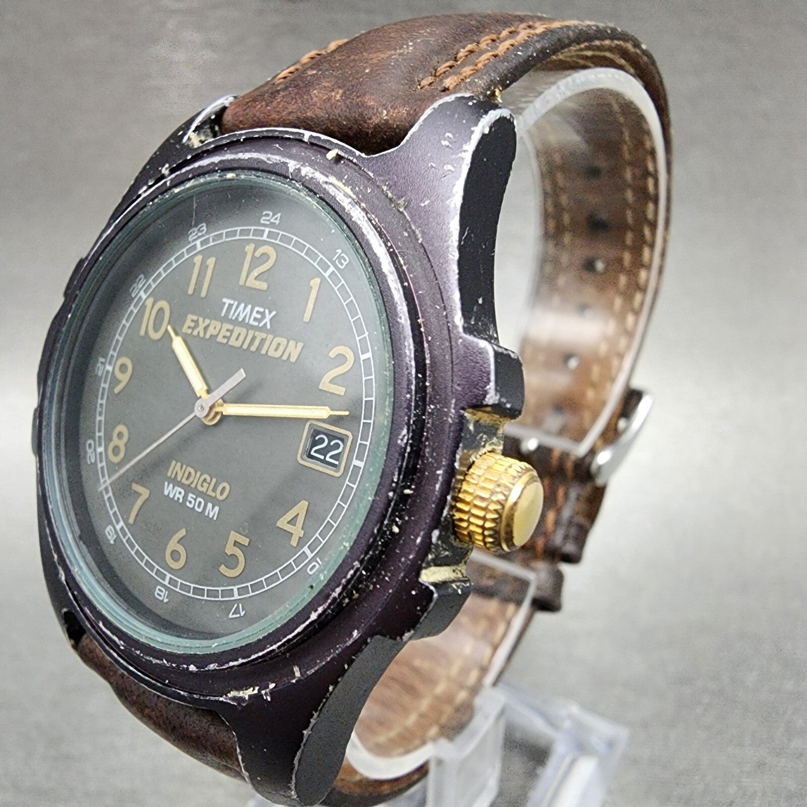Timex Expedition Watch men 37mm Green Dial Brown Tone Date Round New Battery2
