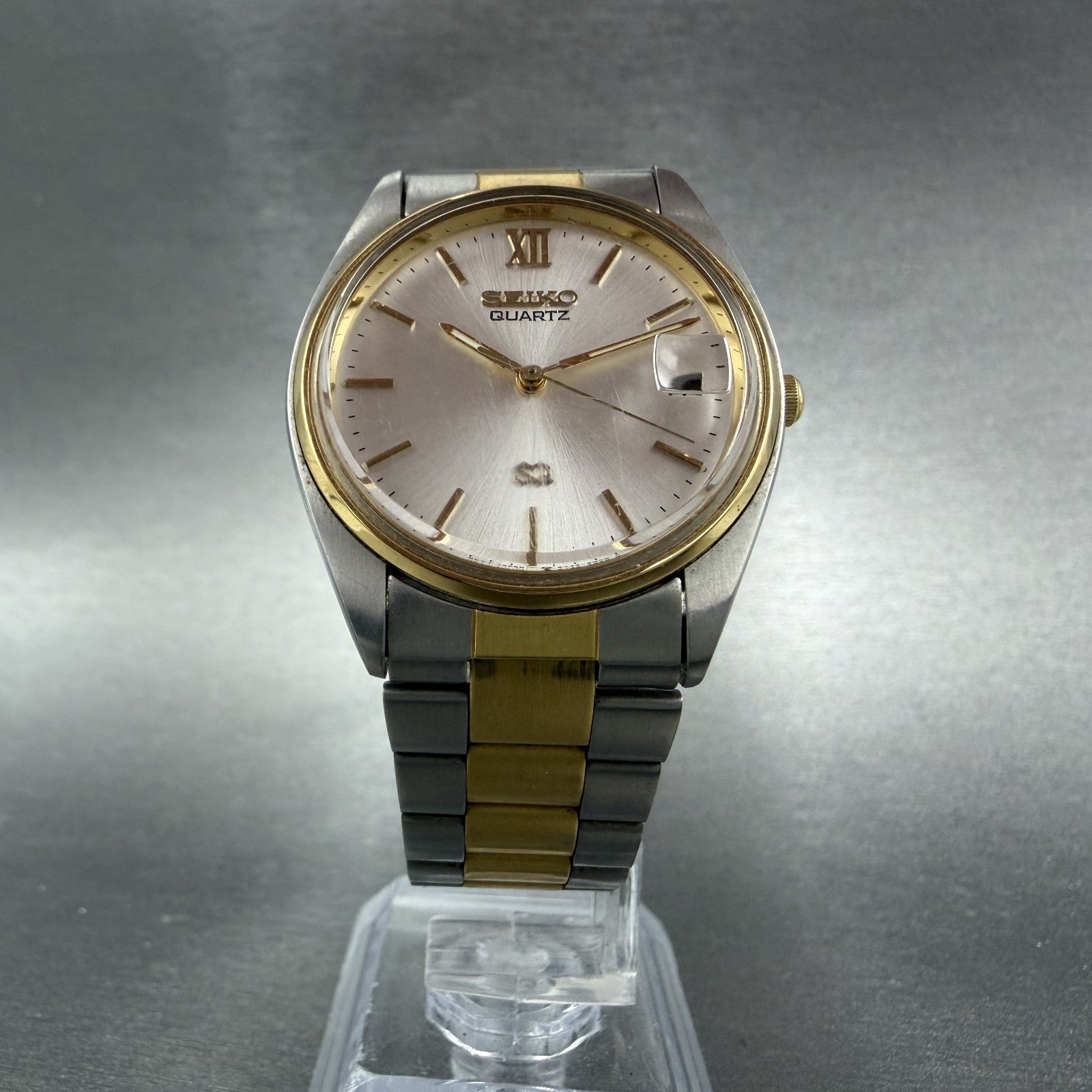 Seiko SQ Watch Men 33mm Silver Dial Two Tone Date Round 5Y22-6009 New Battery5