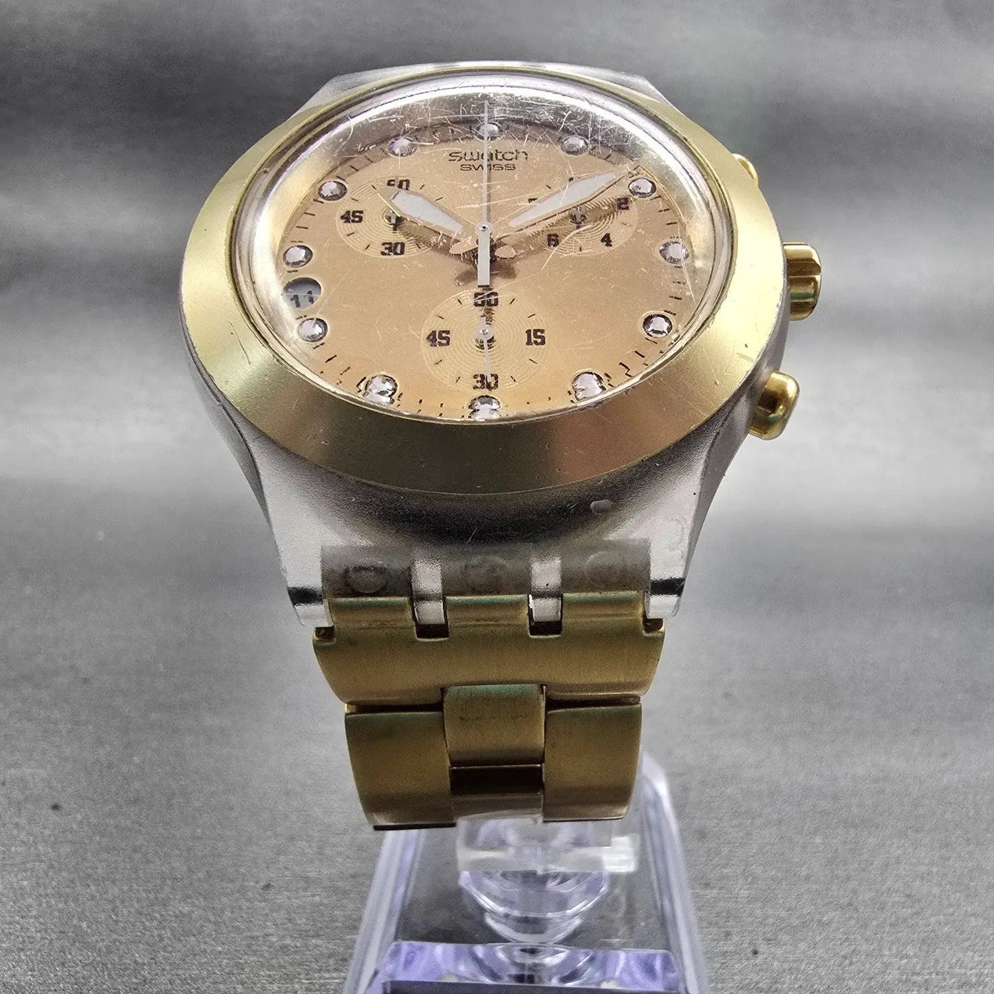 Swatch Irony DIAPHANE FULL BLOODED Chronograph Watch Men Gold Dial READ New Batt5