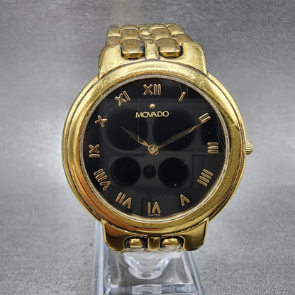 Movado Watch Men 35mm Black Dial Gold Tone Round 87.A2.873 New Battery0