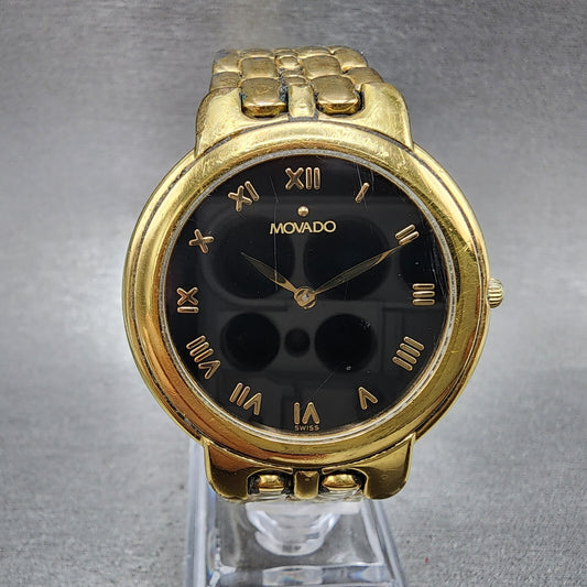 Movado Watch Men 35mm Black Dial Gold Tone Round 87.A2.873 New Battery0
