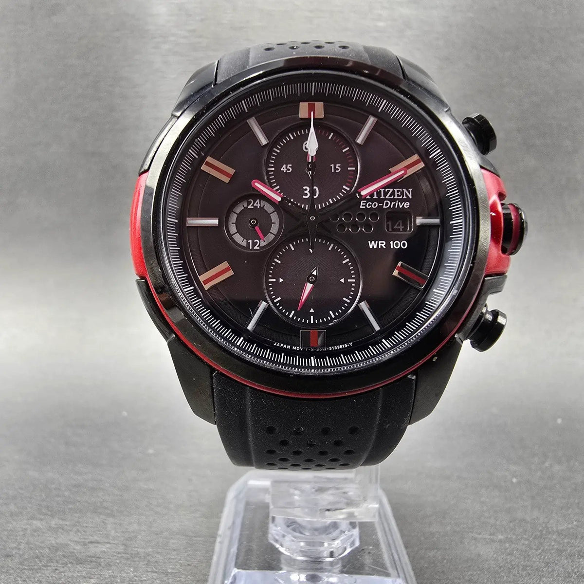 Citizen Eco-Drive Chronograph Watch Men 43mm Black Dial Black Red CA0425-03E6