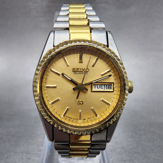 Seiko SQ Watch Women 24mm Gold Dial Two Tone Daydate 24mm Round New Battery B120