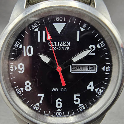 Citizen Eco-Drive Watch Men 36mm Black Dial Silver Tone Daydate E101-S006597 Run1