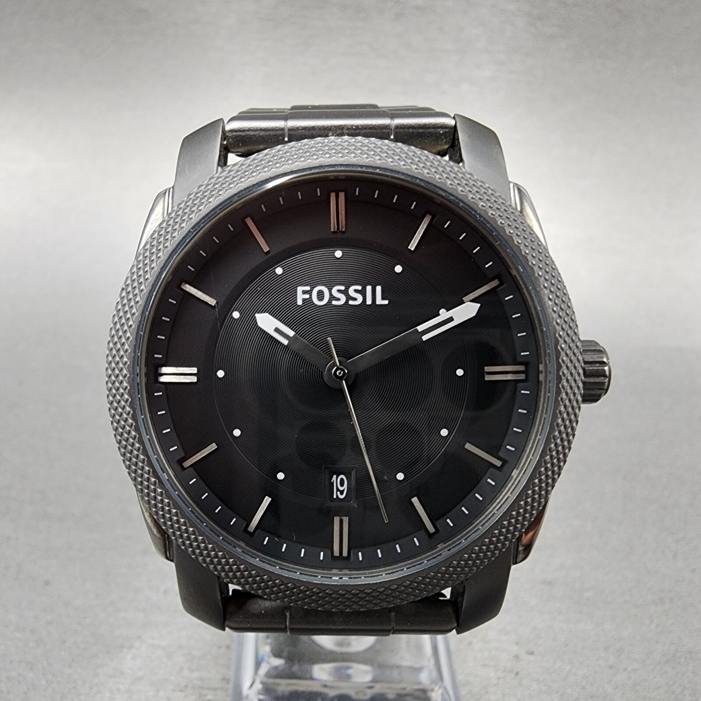 Fossil Machine Watch Men 42mm Black Dial Gray Tone Date Round FS4774 New Batt0