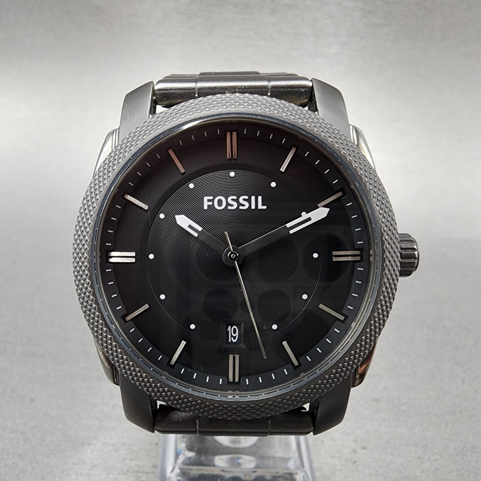 Fossil Machine Watch Men 42mm Black Dial Gray Tone Date Round FS4774 New Batt0