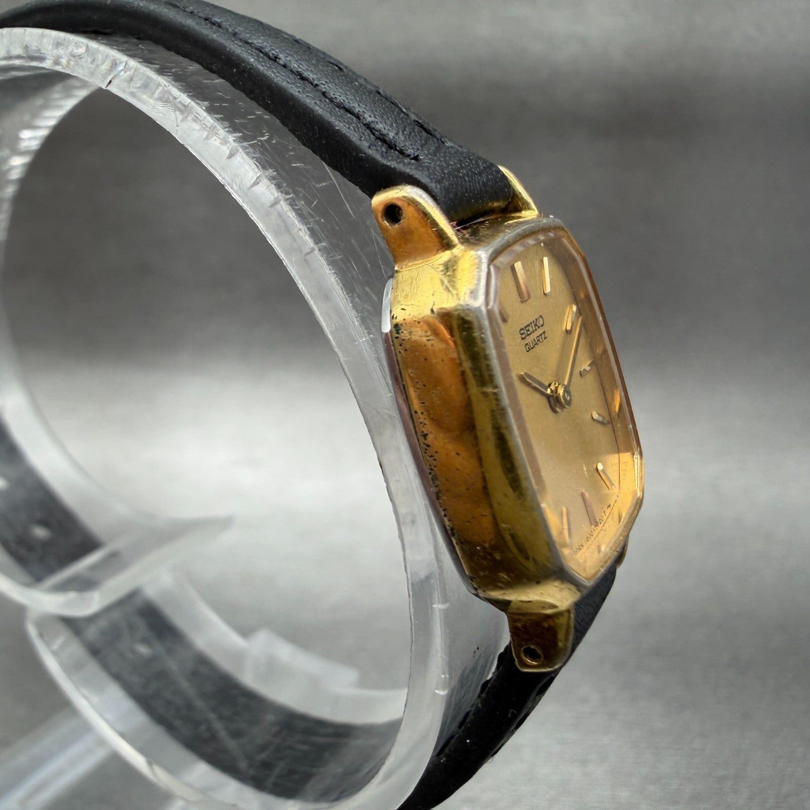Seiko Watch Women 17mm Gold Dial Gold Tone Octagon 1400-6000 Leather New Battery3