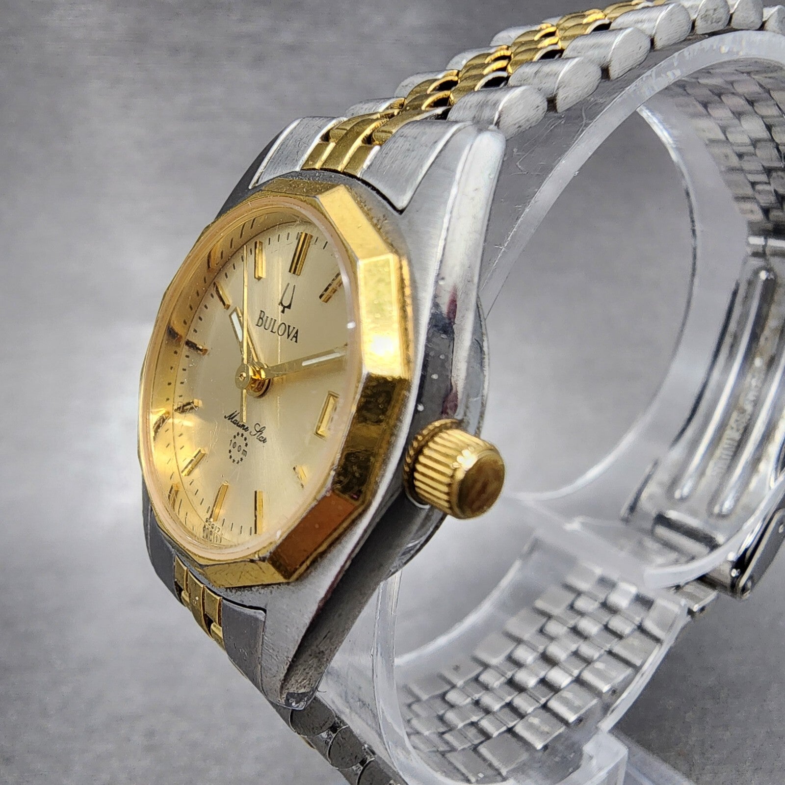 Bulova Marine Star Watch Women 24mm Gold Dial Two Tone Date Round New Battery2