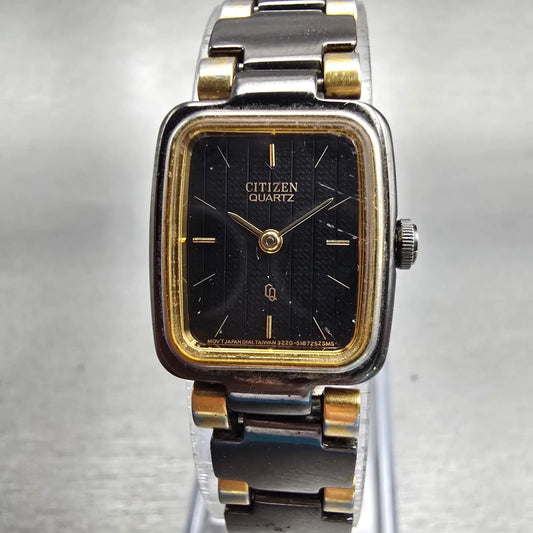 Citizen CQ Watch Women 17mm Black Dial Two Tone Rectangle 3220-S05031 New Batt0