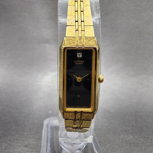 Citizen CQ Tank Watch Women 13mm Black Dial Gold Tone Rectangle New Battery VTG0