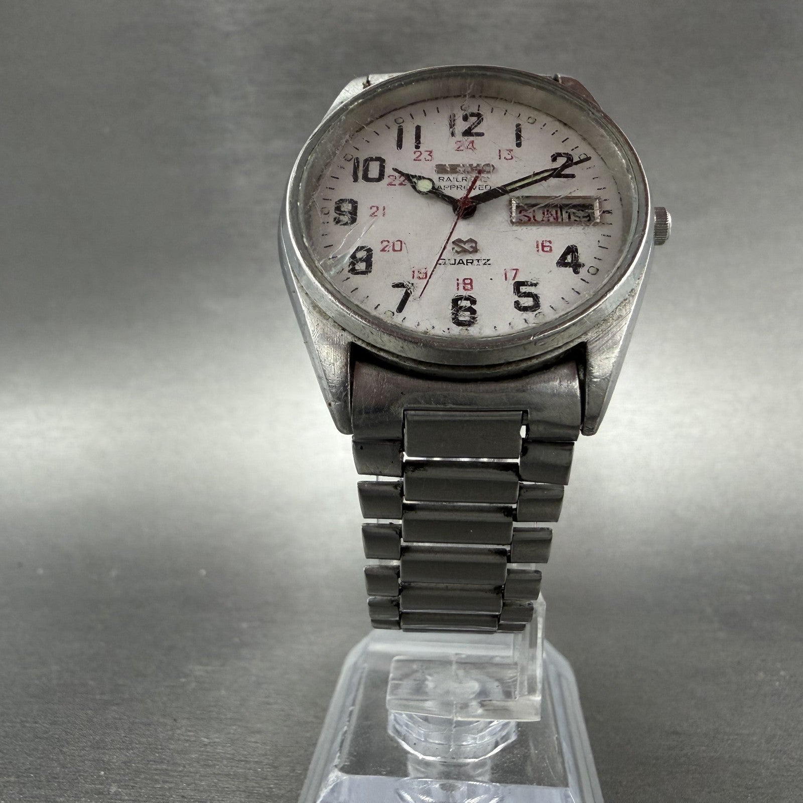 Seiko SQ Railroad Approved Watch Men 34mm White Dial Steel Daydate New Battery5