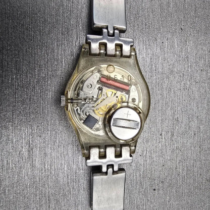 Swatch BATHROOM SMILES Watch Women Silver Dial Clear Case LK252G New Battery10