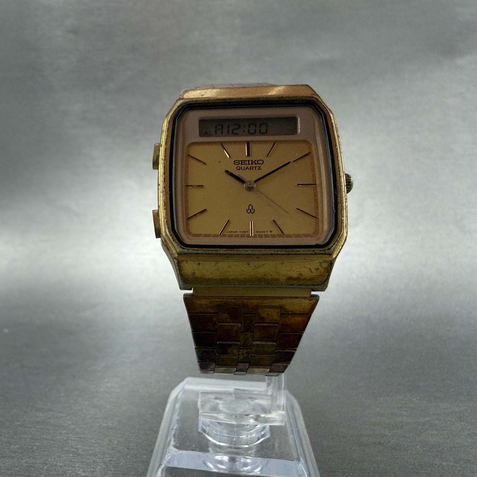 Seiko Analog Digital Watch Men 31mm Gold Tone Alarm Chrono H357-5000 PARTS6