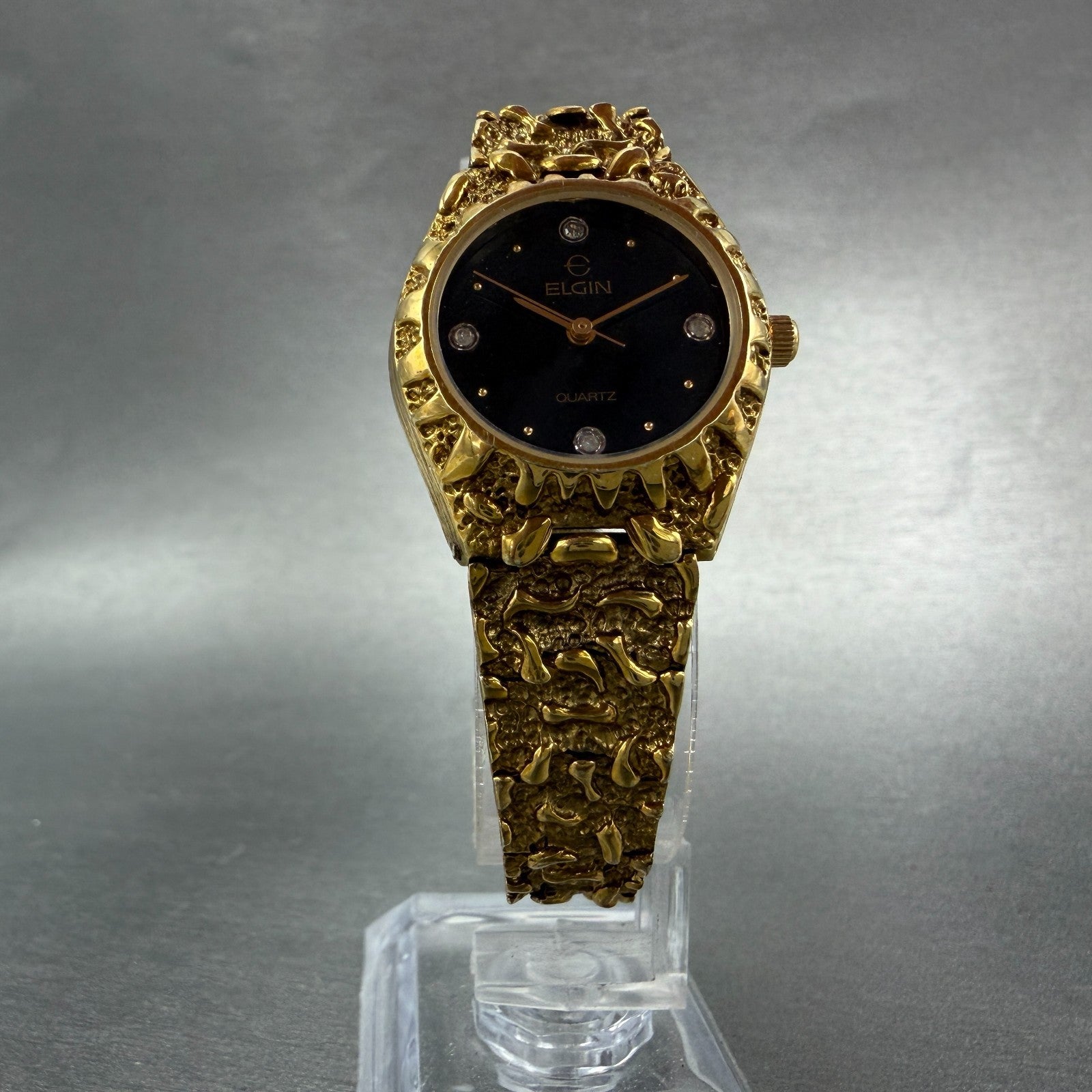 Elgin Watch Women 26mm Black Dial Gold Nugget Case Tone New Battery VTG KLJ5