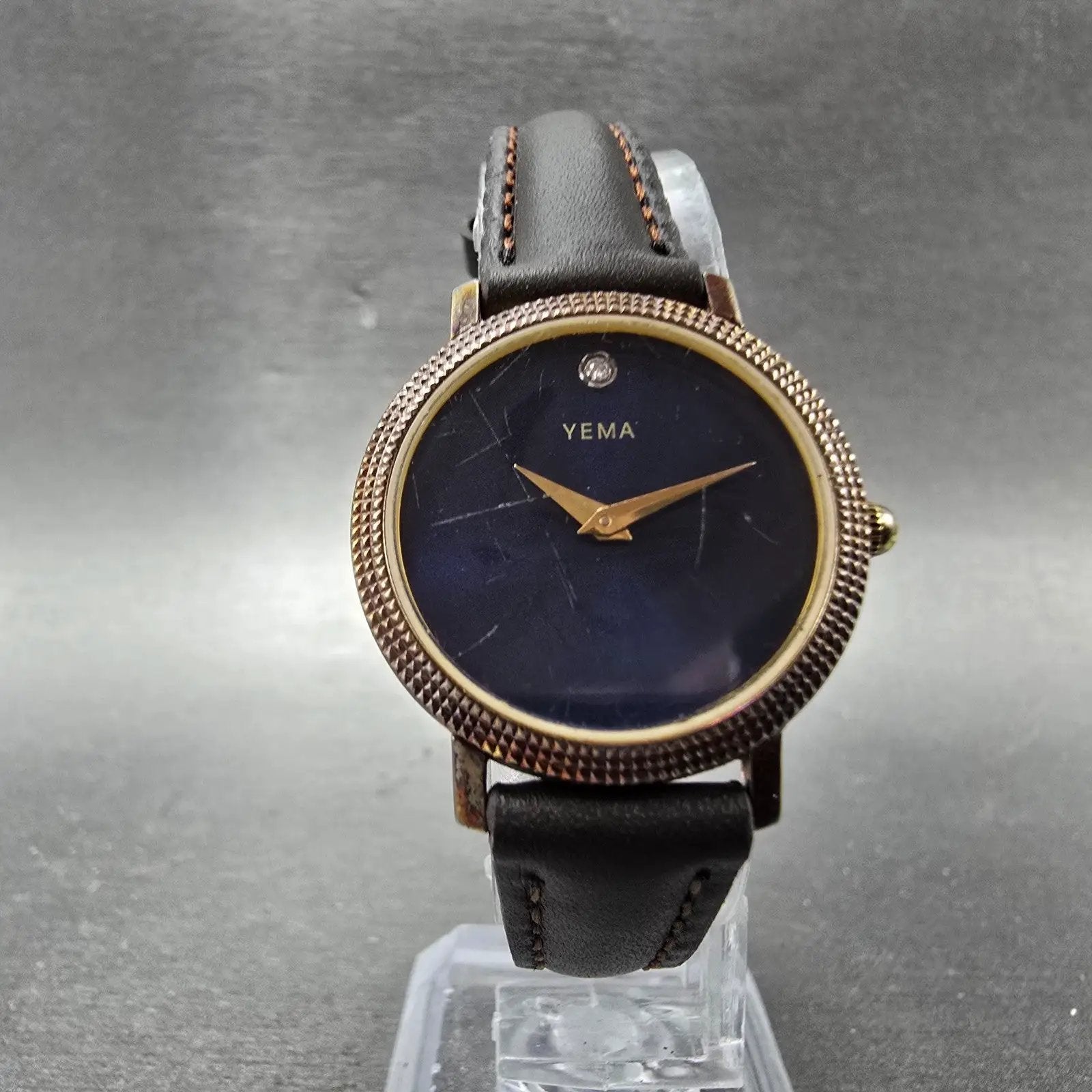 Yema Watch Women 25mm Blue Dial Gold Tone Round Leather Band New Battery5