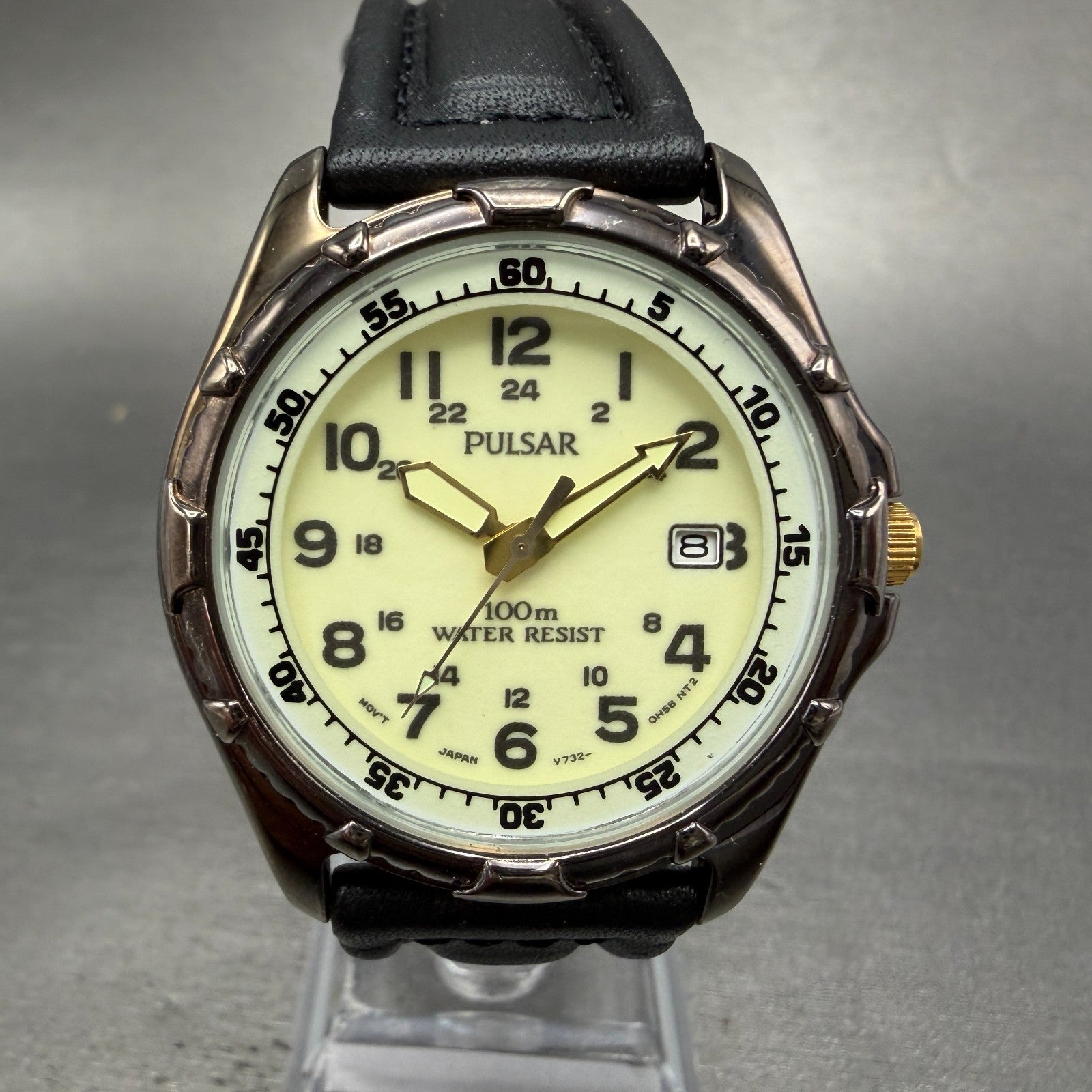 Pulsar Dive Watch Men 39mm Cream Dial Gold Tone Date V732-0E10 SAMPLE PARTS0
