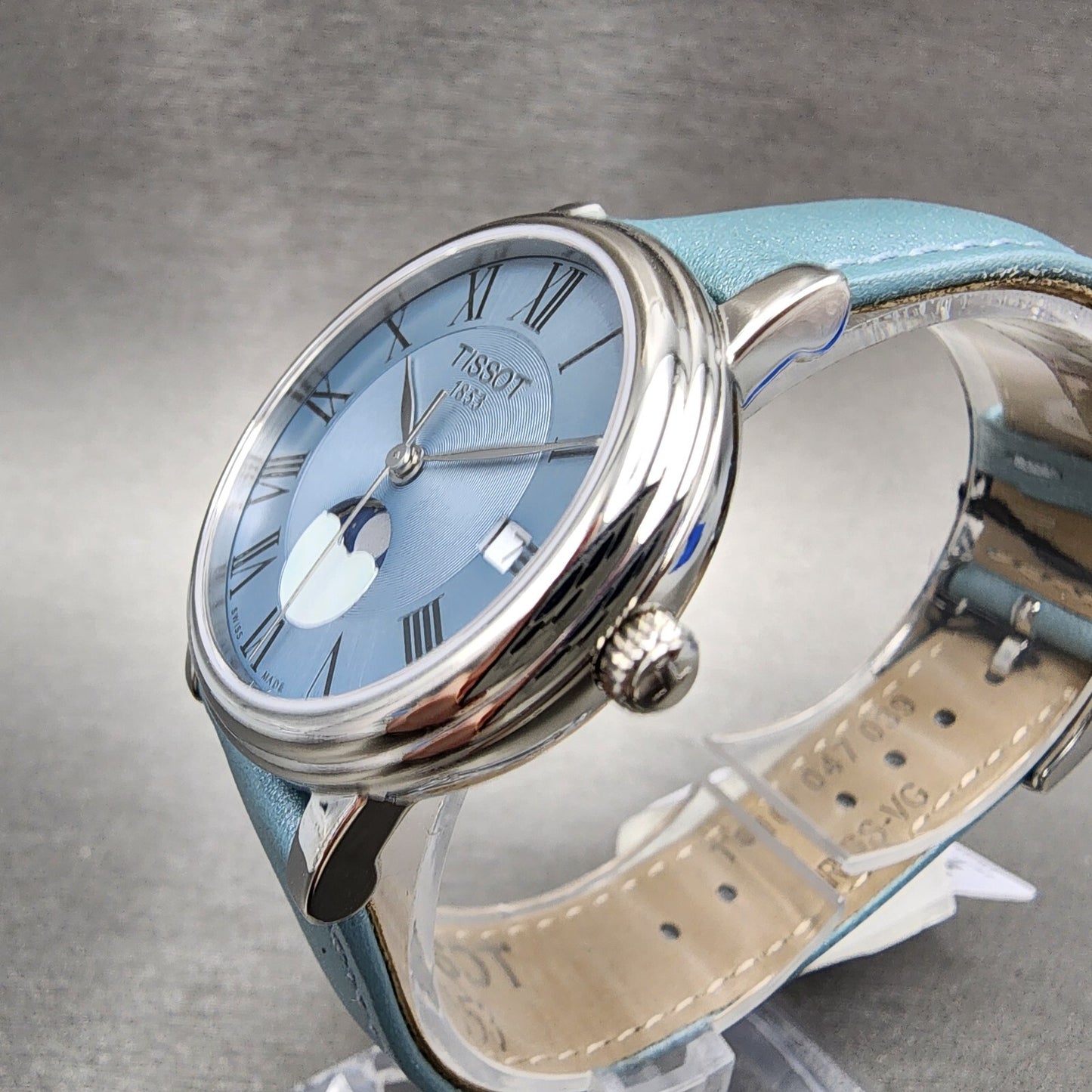 Tissot Carson Moonphase Watch Women 32mm Blue Dial Steel Date Round Leather Band2