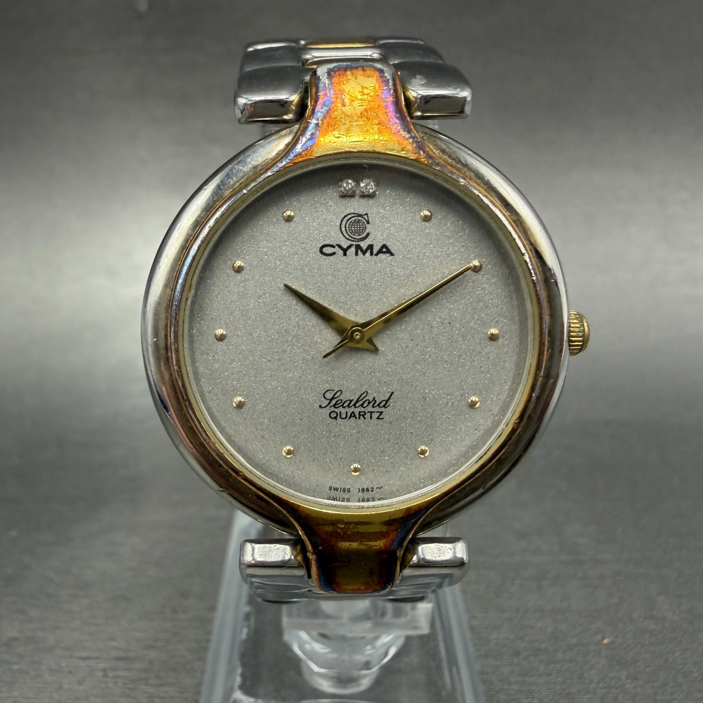 Cyma Sealord Watch Men 32mm Silver Dial Two Tone Round 411 New Battery1